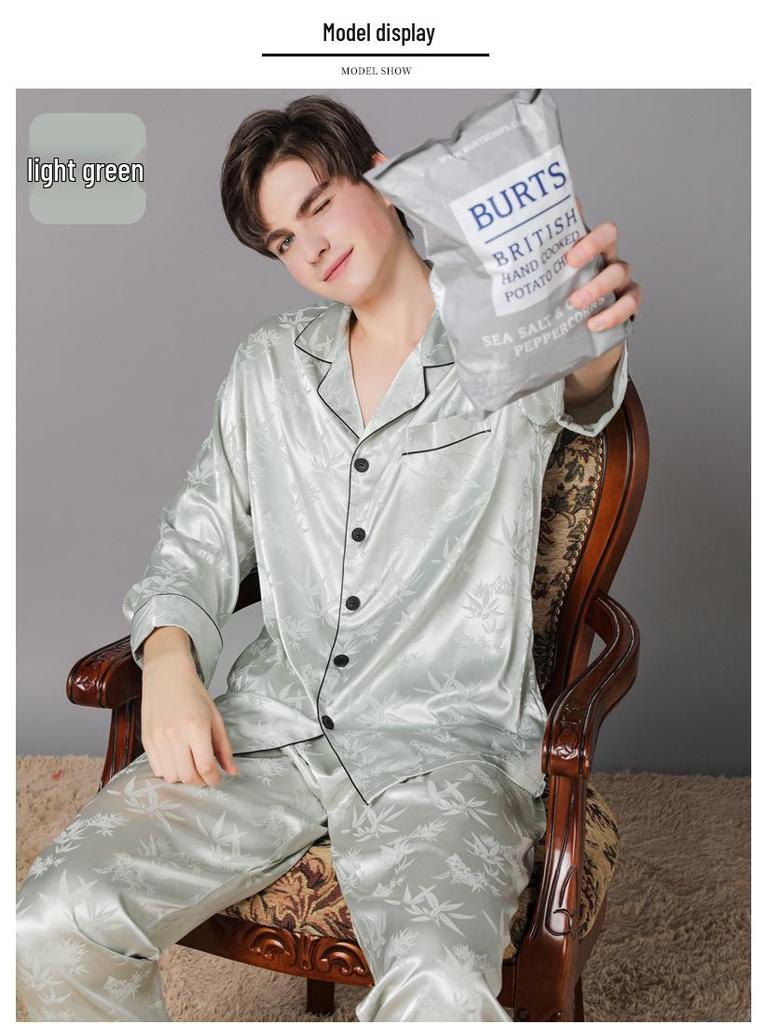 Herren Frühling/Sommer Seidenpyjama: Langarm & Hose, Dünnes Karomuster, Imitationsseide, Mittelalterliche Hausbekleidung