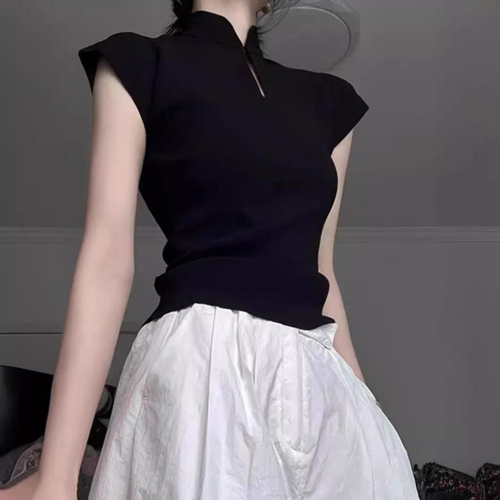 Women's Spring Chinese-Style Slim Fit Buttoned Short-Sleeve T-Shirt with Stand Collar and Ruffle Sleeves