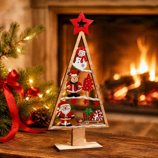 Christmas Tree with Pendants Wooden Tabletop Decor, Hollow Xmas Ornament, Farmhouse Vintage Style Decor Desktop Centerpiece for Holiday Party