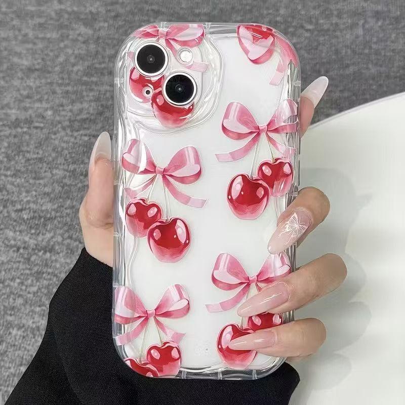 Pink Cherry Bowknot Pattern Wavy-edge Phone Case For iPhone 17 Pro Max 16 15 14 Plus 13 12 11 Pro Max 16e 17e Transparent Cover