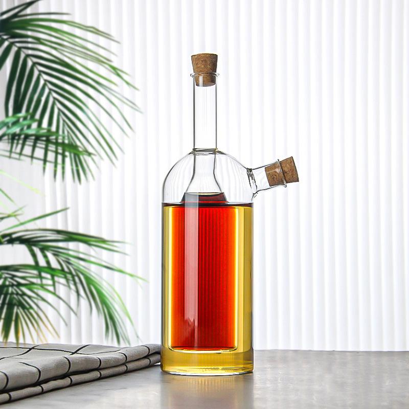 Double-layer Glass Oil Jug 2-in-1 Oil Vinegar Bottle Home Creative Double-mouth Cork Shaped Glass Oil Jug Kitchen Seasoning Tool