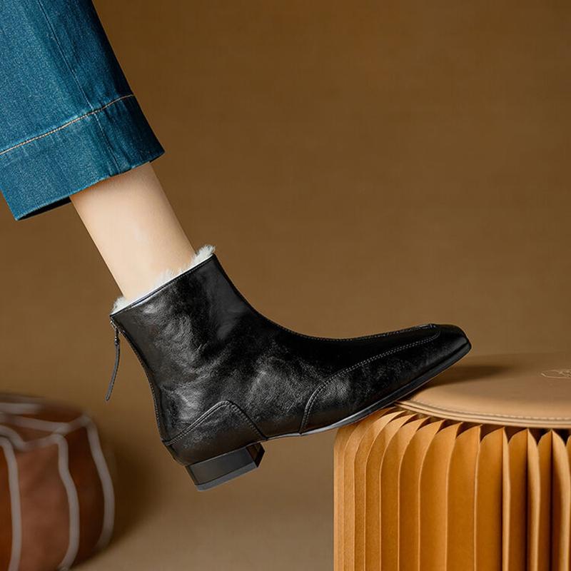 Fashion NEW Winter Women Boots Square Toe Chunky Heel Shoes Split Leather Shoes for Women Zipper Ankle Boots Warm Wool Modern Boots