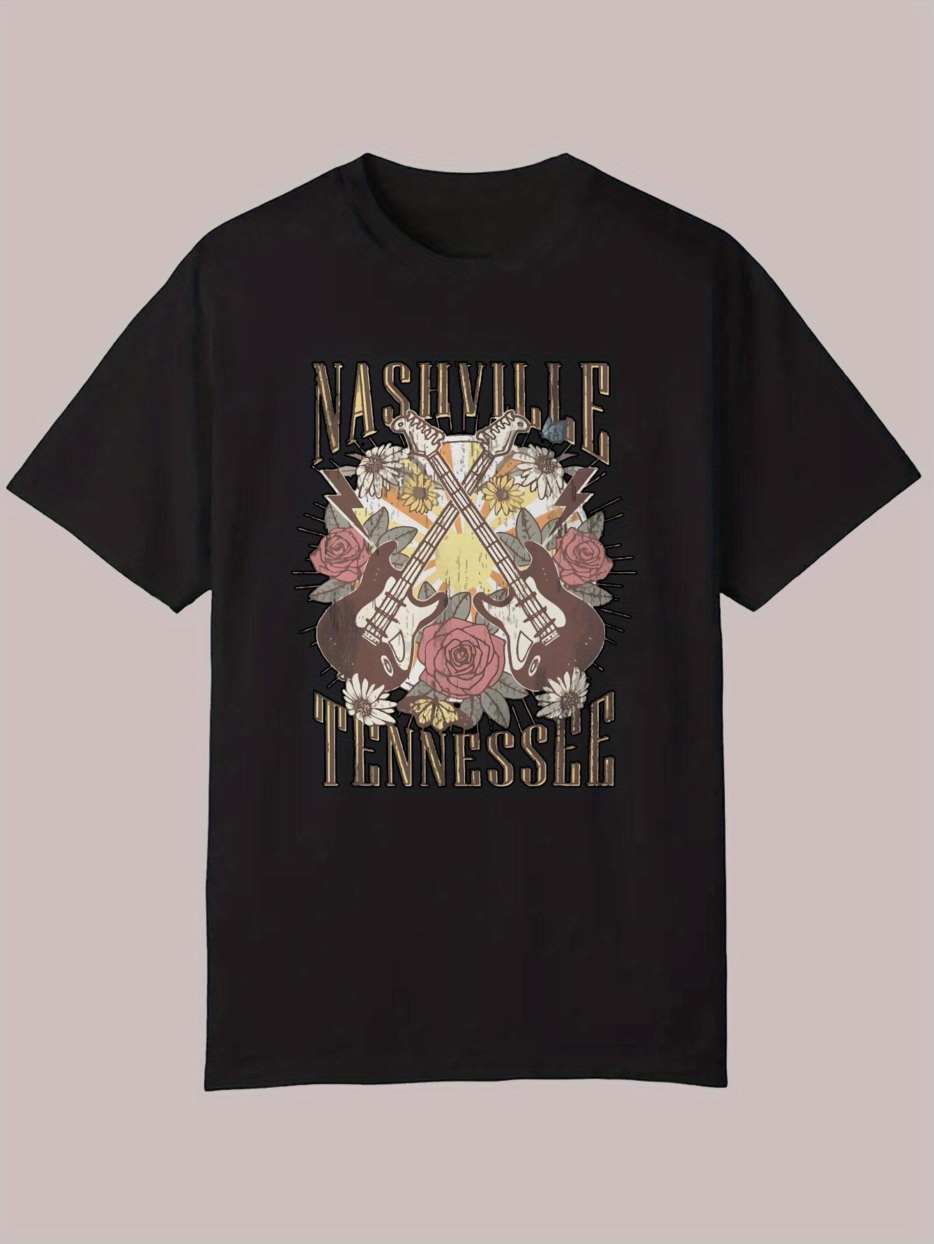 Black Casual Short Sleeve T-shirt - Nashville Tennessee Graphic Print with Roses & Guitars XXXXL