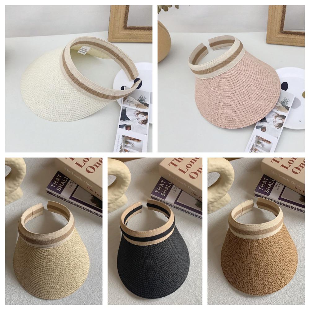 Large Brim Lafite Straw Visor Cap Adjustable Summer Sun Cap Seaside Hollow Hat Beach