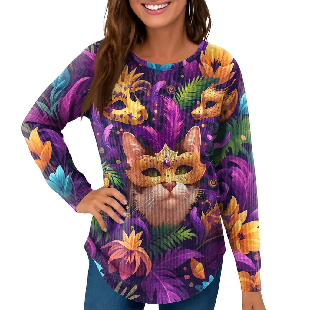 Women's Fashion Loose Long Sleeve Carnival Print Round Neck Casual Top