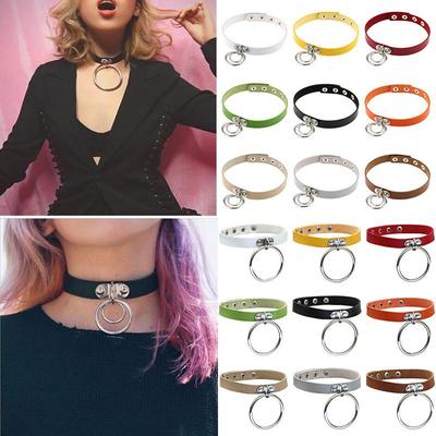 Sweetheart Vintage Punk Rock O Ring Spikes Pendant PU Leather Choker Collar Female Gothic Neckband Clavicle Necklace Adjustable for Women Men Jewelry