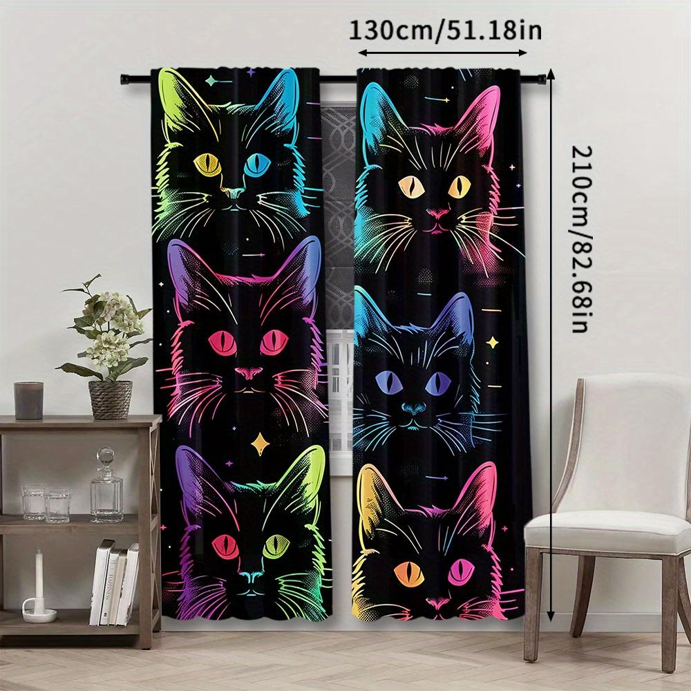 2pcs Colorful Cat Lover Curtains - Vibrant Neon Cat Design   Rod Pocket Mount   Polyester Material   Semi-Transparent   Modern Style