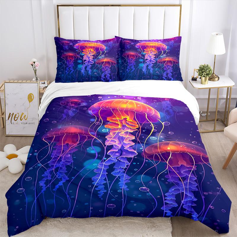 3pcs Colorful Jellyfish Bedding Set - Includes One Quilt Cover and Two Pillowcases (No Core) - Anime Cartoon Design for Bedroom Decor - Poly