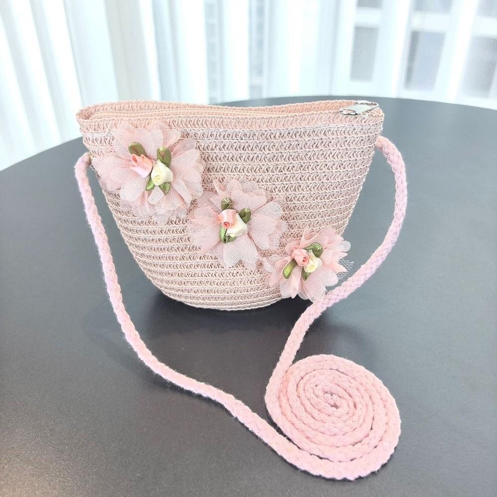 

Solid Color Sun Hat Floral Style Fisherman Hat Trend Straw Hat Small Bag Set Fashion Accessory Pink-Bag