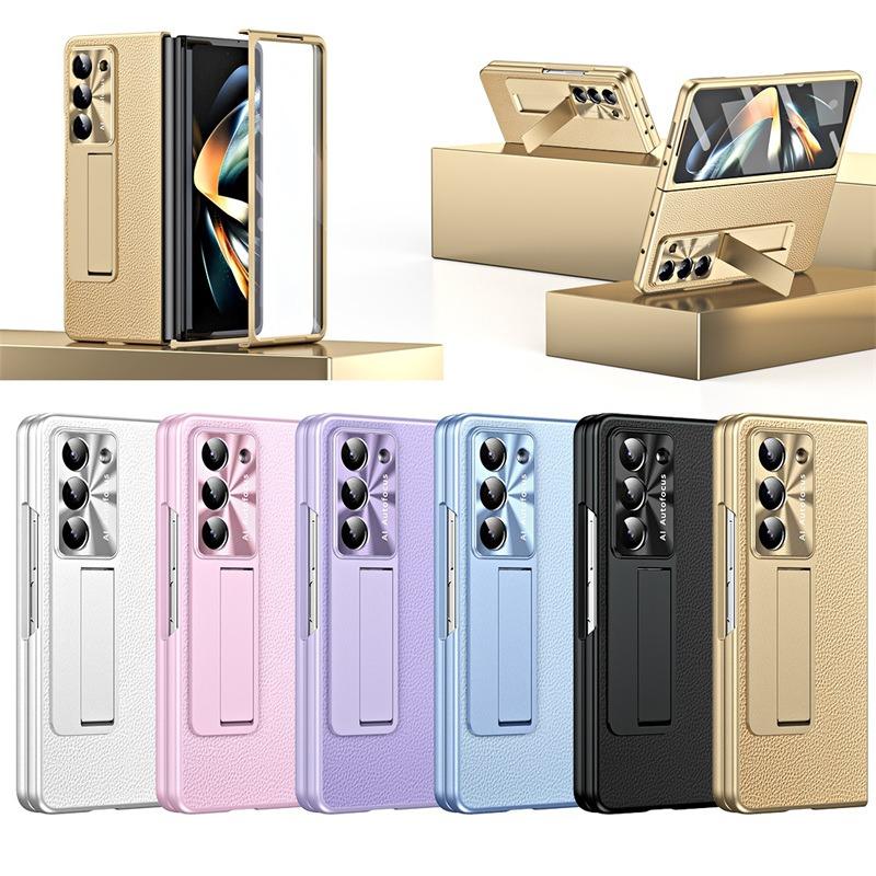 Luxury Plating Leather Lens Protection Kickstand Full Protect Case for Samsung Galaxy Z Fold 8 Ultra 6 5 4 3 With Tempered Glass