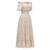 Elegant Medieval Renaissance Dress Boho Short Sleeves Off Shoulder Smocked Waist Retro Pleated Long Dress Costume Gown