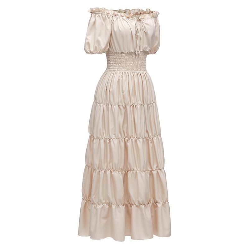 Elegant Medieval Renaissance Dress Boho Short Sleeves Off Shoulder Smocked Waist Retro Pleated Long Dress Costume Gown