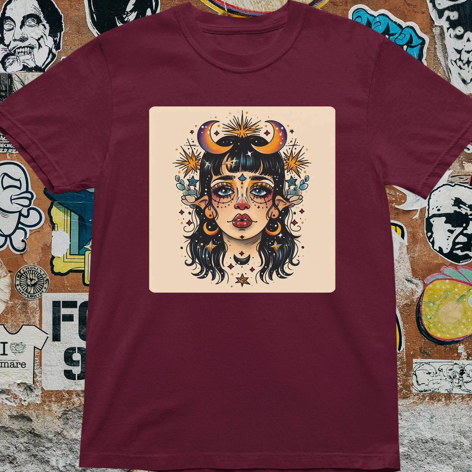Mystic Horned Woman T-Shirt: Witchy Occult Moon & Star Art S
