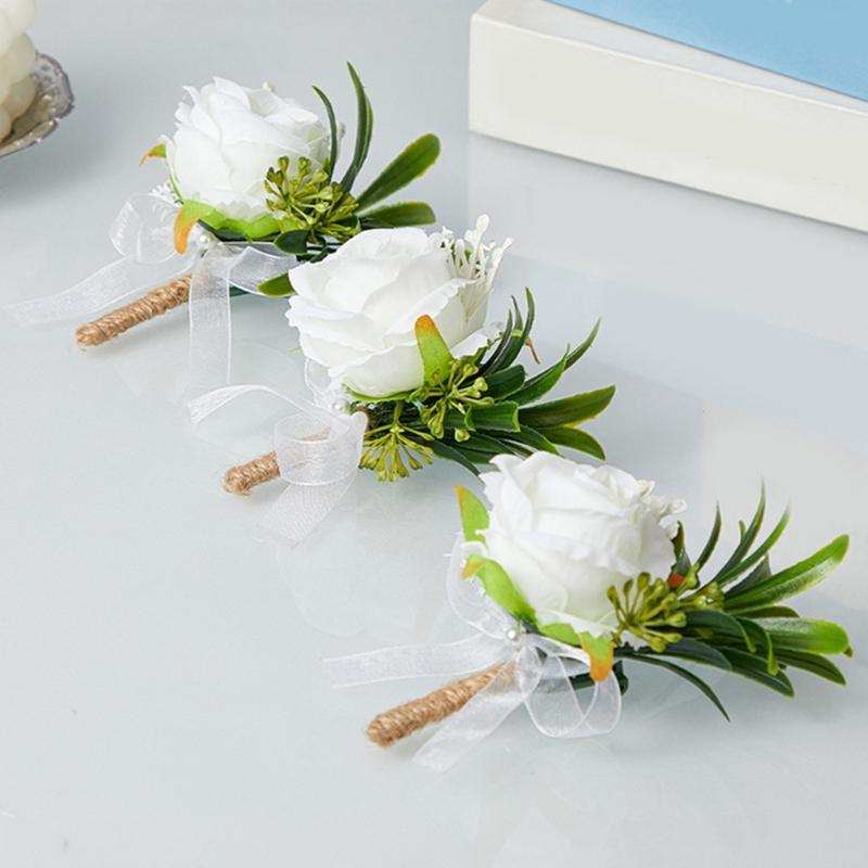 Pack of 6 White Artificial Rose Boutonniere Pin Elegant Bridals Brooch Wedding Groomsmen Accessories Suit Decoration
