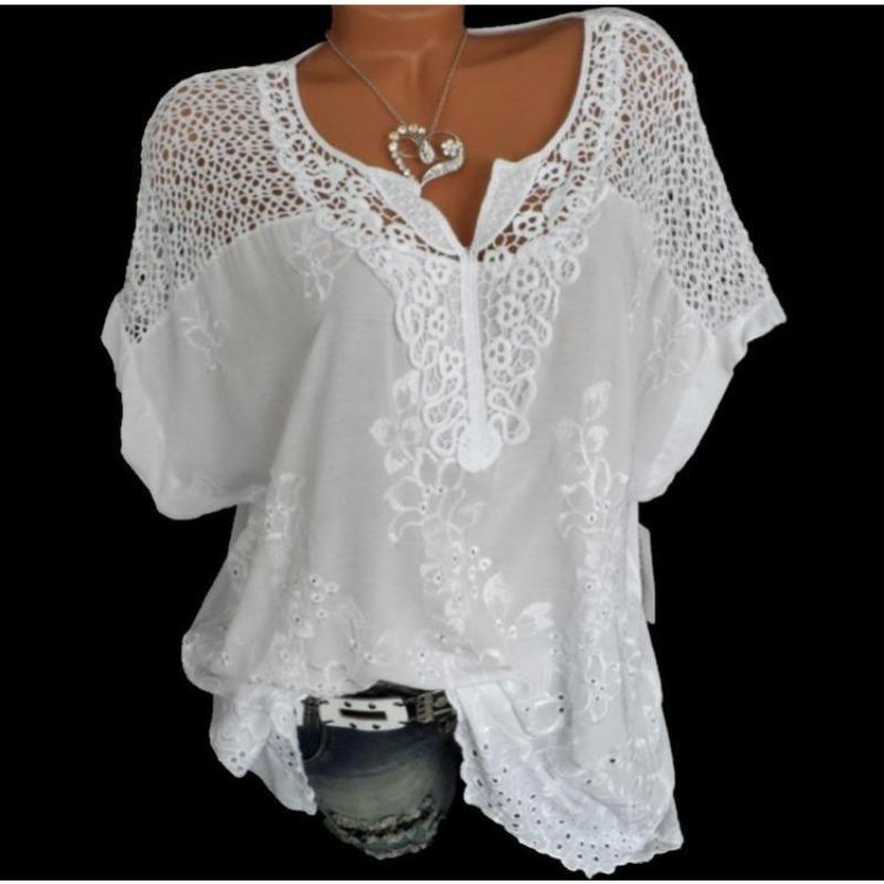 EastRogue Women's Fashion Casual Summer Embroider Solid Color Short Sleeve V-Neck Blouses & Shirts