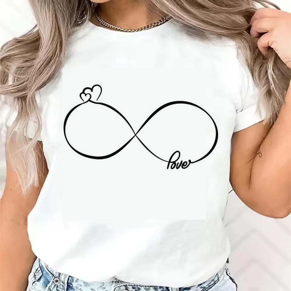 Buchstabe Cartoon Liebe und Herz Grafikdruck T-Shirt Kurzarm Rundhals Oberteil T-Shirt Damenbekleidung