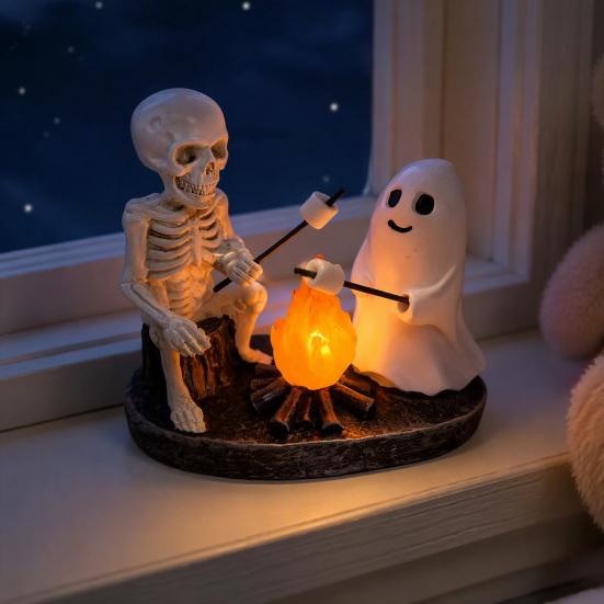 Spooky Home Ornament Skeleton And Ghost Bonfire Night Lamp, Halloween Campfire Flickering Table Horror Fan Collectible Cute Roasting Marshmallow