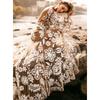 New European American Style Deep V Backless Tulle Embroidery Puff Sleeve Dress Evening Party Gown