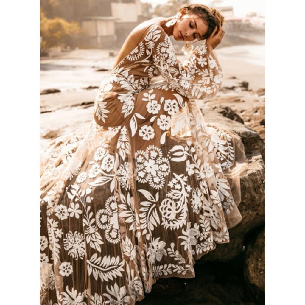 New European American Style Deep V Backless Tulle Embroidery Puff Sleeve Dress Evening Party Gown