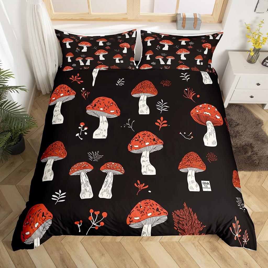 Comforter Wild Mushroom Bedding Set King Queen Cute Mushrooms Comforter Kawaii Fungus Cartoon Plant Leaves
