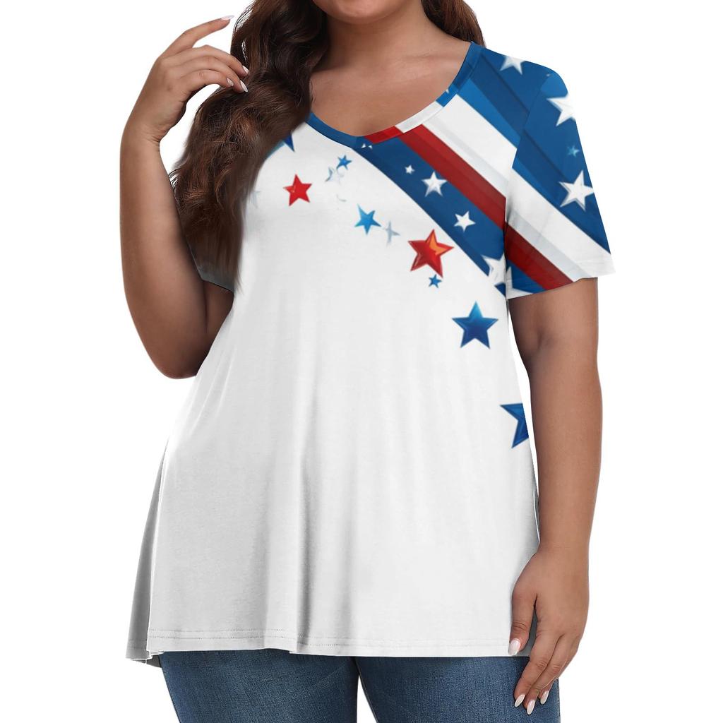 Women's Fashion Casual V-Neck Pullover Short Sleeve Large Size Independence Day Printed T-Shirt Top