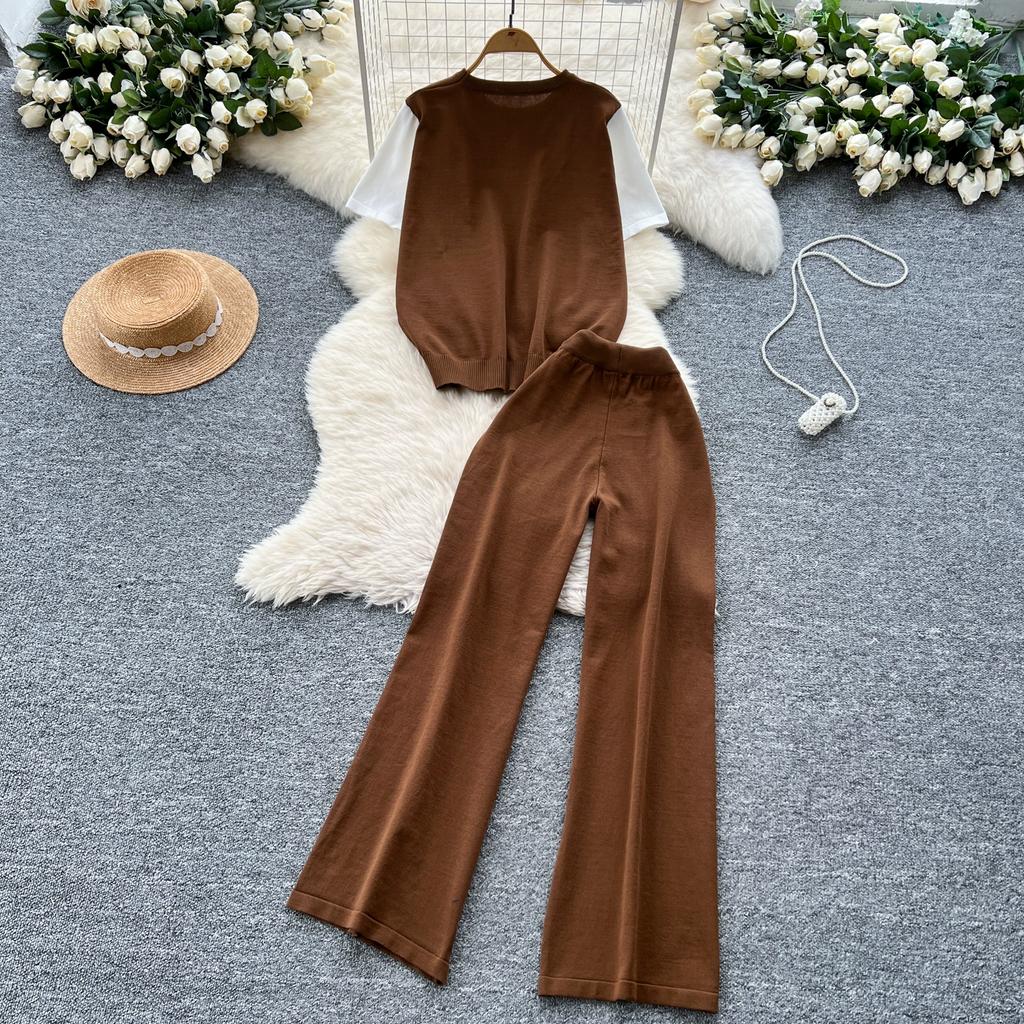 Sommer Damen Strickpullover Hose Zweiteiliges Bekleidungsset Kurzarm Rundhals Gestreifter Pullover Tops und Weitbeinige Hosenanzug