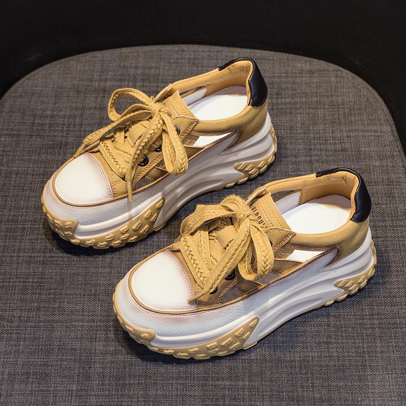 Daddy Shoes Leather Surface Hollow Women 2025 Summer New Retro Lightweight Inner Height Increase Casual Sports Shoes Platform Sandals