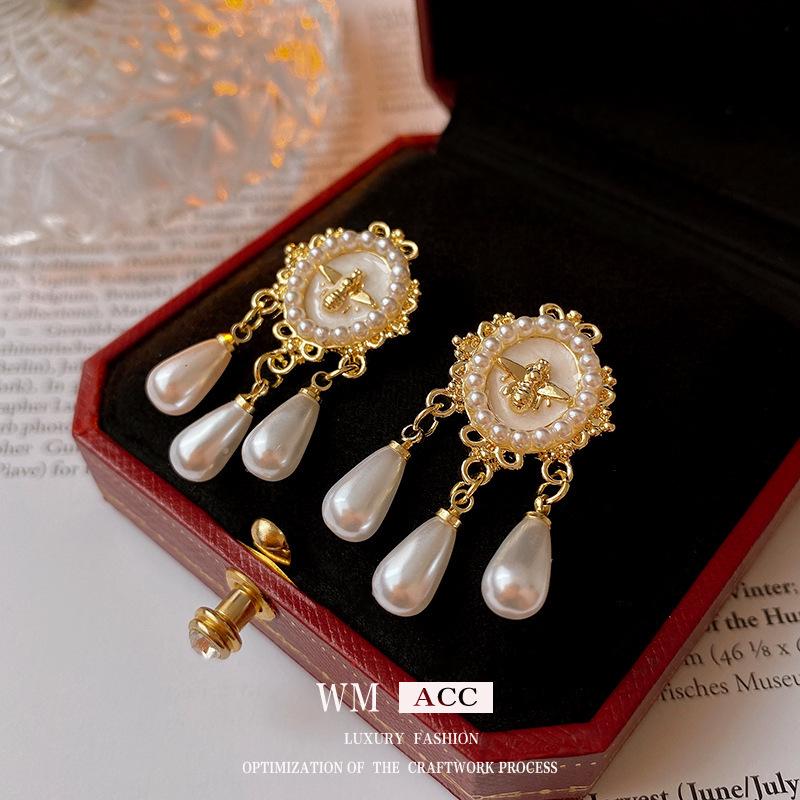 Pozlacené stříbrné náušnice pecky s diamanty a perlami - Francouzský retro luxusní design pro ženy