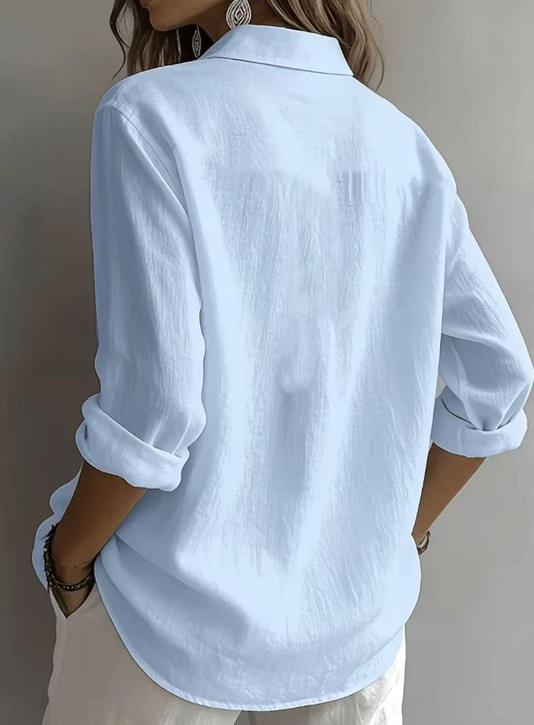 2026 European & American Women's Linen Casual Lapel Shirt - Solid Color, Long Sleeve, Spring Collection