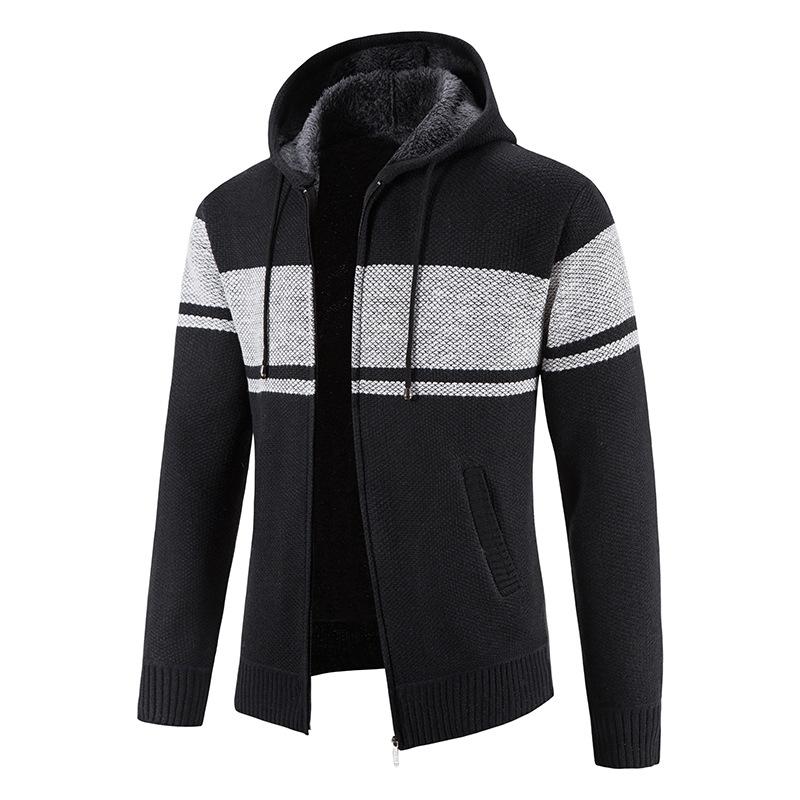 Men's Hooded Sweater Cardigan Plus Velvet Autumn and Winter Men's Knitted Sweater Color-blocking Youth Coat