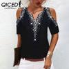 Damenmode Persönlichkeit Positionierung Bedrucktes Off-the-Shoulder Kurzarm-T-Shirt mit V-Ausschnitt