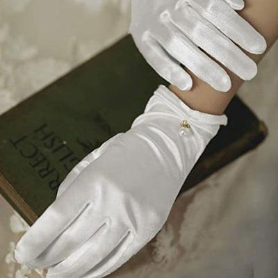 Women Sunscreen Anti-UV Elastic Thin Mittens Satin Pearl Pendant Short Gloves