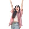 Pink Short Sleeved Women's Shirt Contrasting Retro Casual Turn-Down Collar Top Korean Style Simple Loose Ladies Coat
