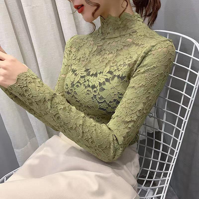 

Осінньо-зимовий мереживний сітчастий топ з високим коміром приталеного крою для жінок з довгим рукавом 5XL (145-155 jin)