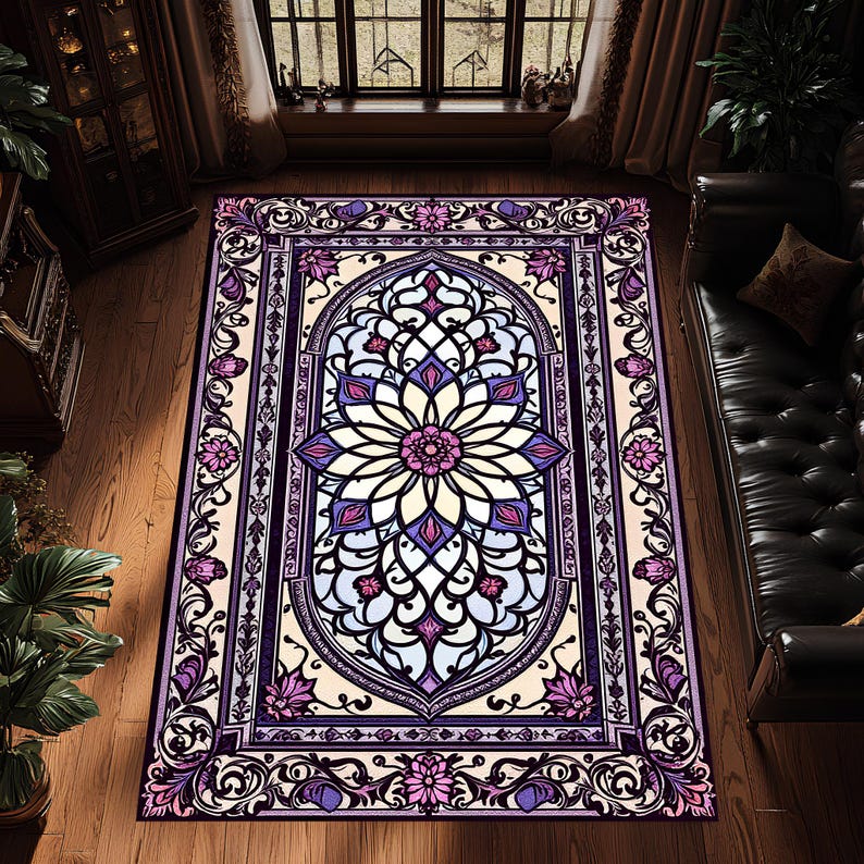 Stained Glass Style Rug with Purple and Pink Floral Motif for Vintage Style Romantic Living Room or Artistic Bedroom Decor