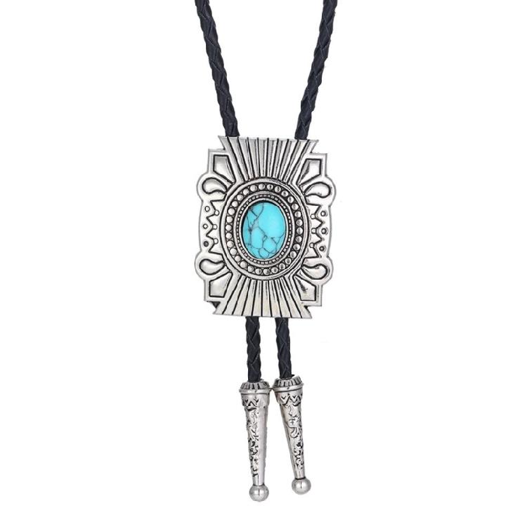 Mens American Bolo Tie Vintage Western Metal Wolf Head Stone Cowboy Necklace