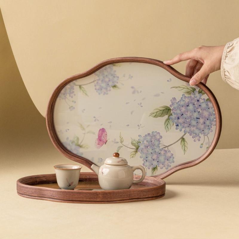 Bambus und Holz Teetablett Hausgebrauch Chinesisch Vintage Hortensie Glasschale Teegeschirr Aufbewahrungsschale