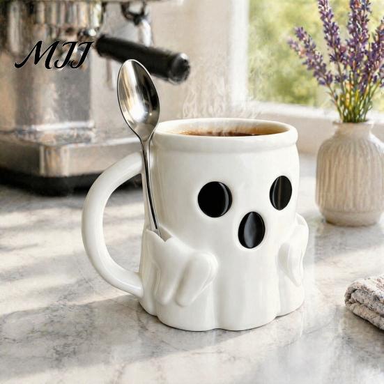 Reusable Wide Mouth Tumbler Halloween Ice Cream Mug with Spoon Holder, 3D Printed Cute Ghost Mug, Coffee Slot Drinking Cup Pen Holder Decor, Christmas