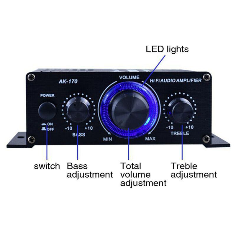 HiFi-Leistungsverstärker für AK 170 mit blauer LED-Beleuchtung, geeignet für Auto, Zuhause, Club, Party, Musik, DIY, kabelloser Stereo-Musik-Autolautsprecher