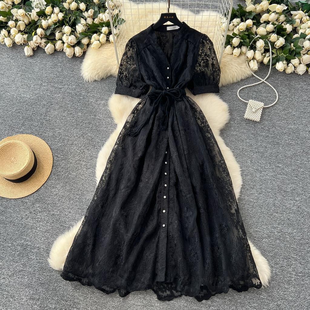French high-end temperament dress women's summer fashion strap waist single-breasted embroidered mesh long skirt