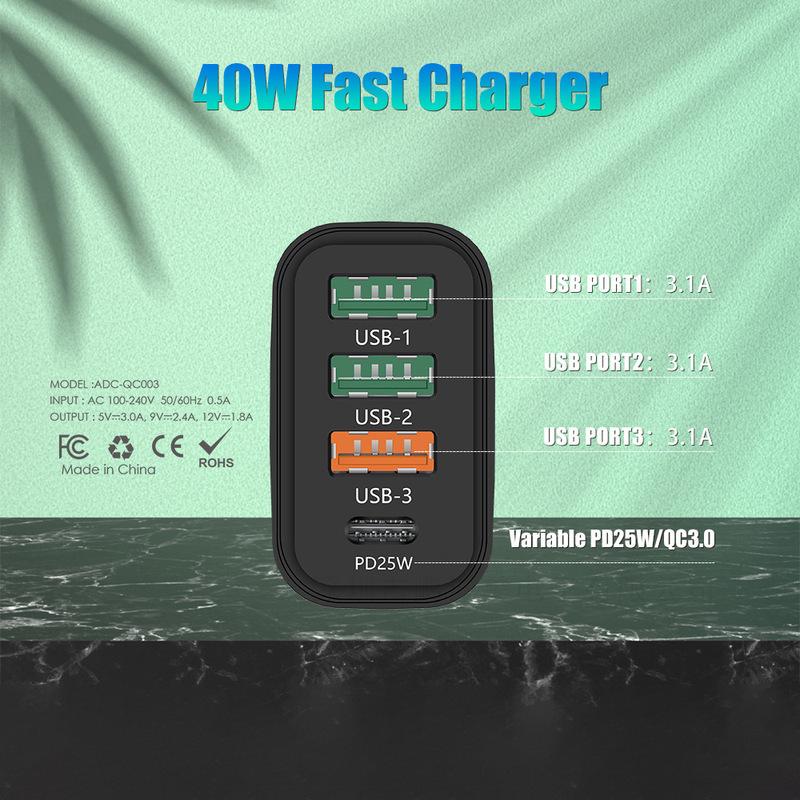 1 TYPE-C + 3 USB Mobile Charger with European/American/British Plug, PD20W + QC3.0 Fast Charging