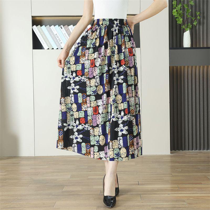Fuste florale de vară pentru mame de vârstă mijlocie și vârstnice, fustă midi florală din mătase de gheață, fustă lungă florală, fustă cu talie elastică