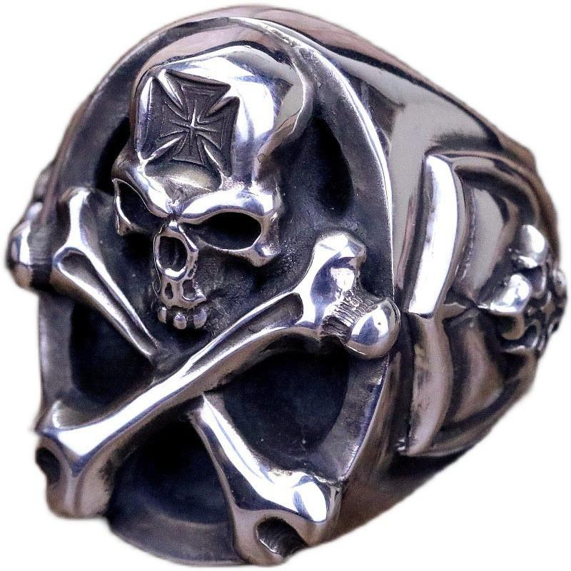 Adjustable Skull Ring Men Women Sterling Vintage Gothic Punk Open Band Statement Jewelry
