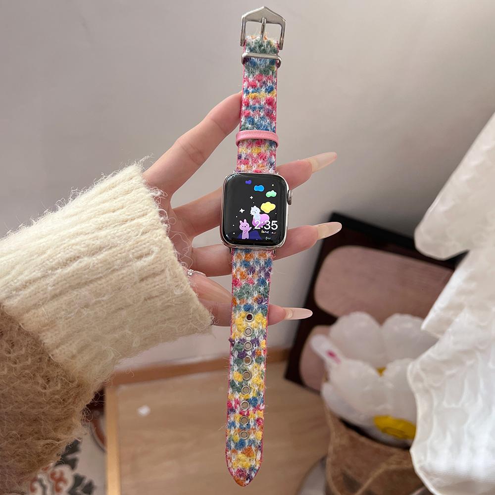 

For Apple Watch Series 10 42mm/9 8 7 41mm/SE (2023) SE (2022) SE 6 5 4 40mm/3 2 1 38mm Watch Band Woolen+Leather Strap Rainbow