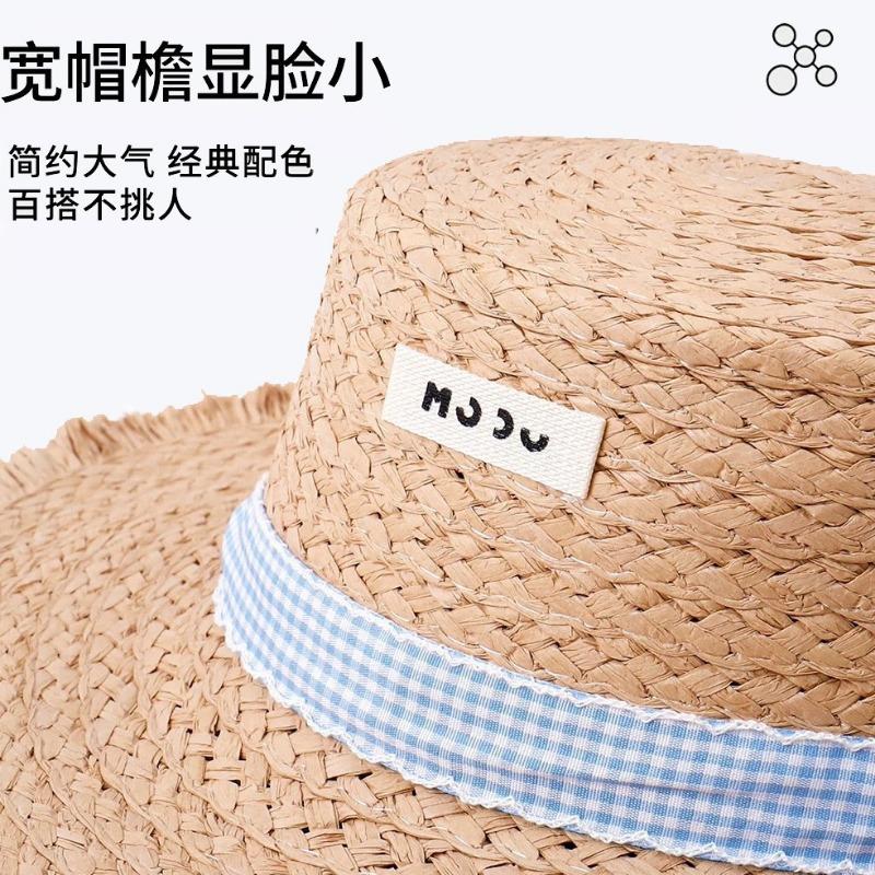 Flat top strap straw hat women's summer sunshade sun protection straw hat big brim beach hat seaside vacation