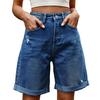 Summer Women Denim Shorts Mid Waisted Knee Length Stretchy Casual Wide Straight Leg Distressed Cuffed Jeans Short Pants with Pockets