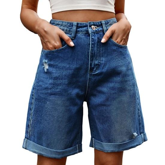 Summer Women Denim Shorts Mid Waisted Knee Length Stretchy Casual Wide Straight Leg Distressed Cuffed Jeans Short Pants with Pockets