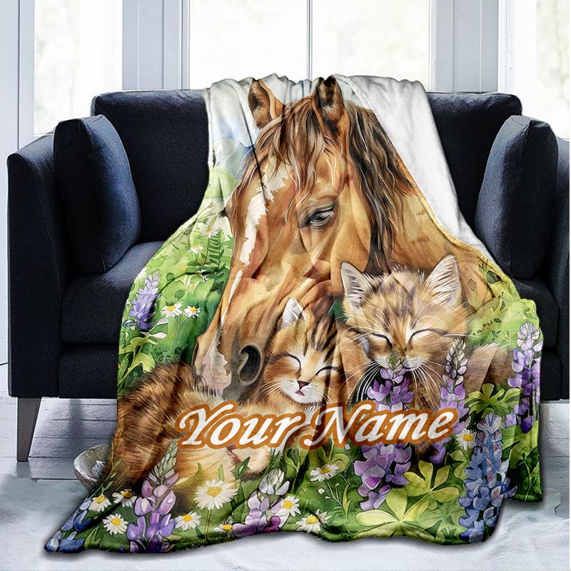 1PC Custom Name Horse Kitten Flowers Outdooor Flannel Blankets Patterns Throw Blanket All-Season Soft Gift for Couch, Bed, Camping Gifts
