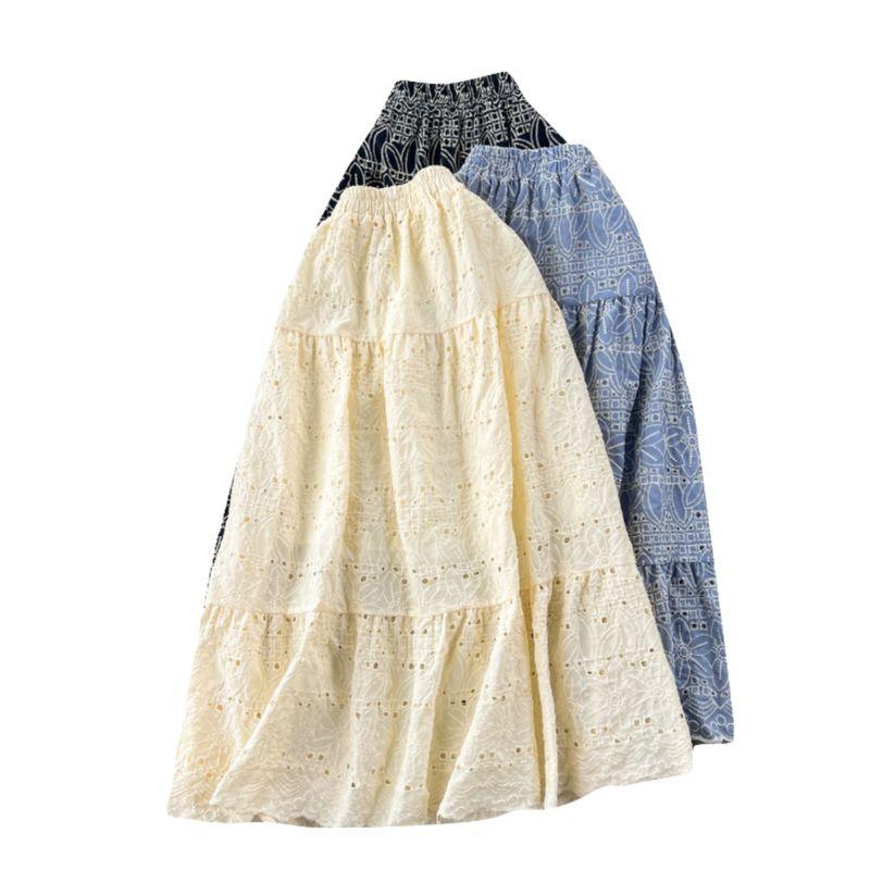 K-style Women's Retro Exquisite Hollow-out Embroider Skirt Women's Easiest for Match Elastic High Waist Slimming Mid Length Long Length A- line Skirt