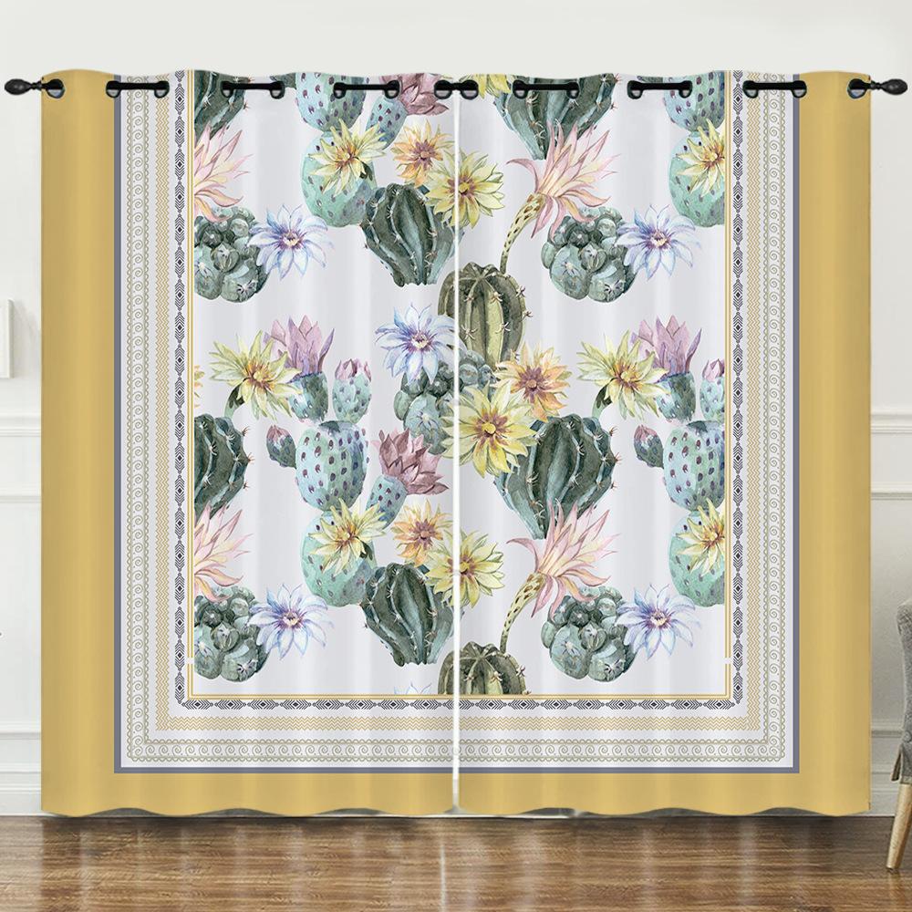 Curtains Fresh Green Plants Hand-Painted Cactus 3D Digital Printing Blackout Curtain Punching